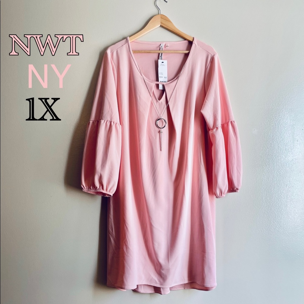 NWT (1X) New York Collection blush pink shift dress mini/knee long sleeves bling